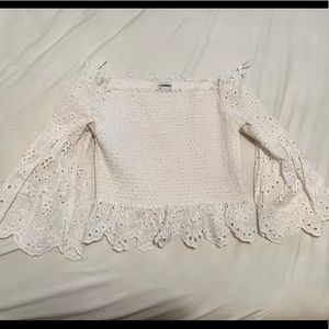 Express smocked off the shoulder bell sleeve top